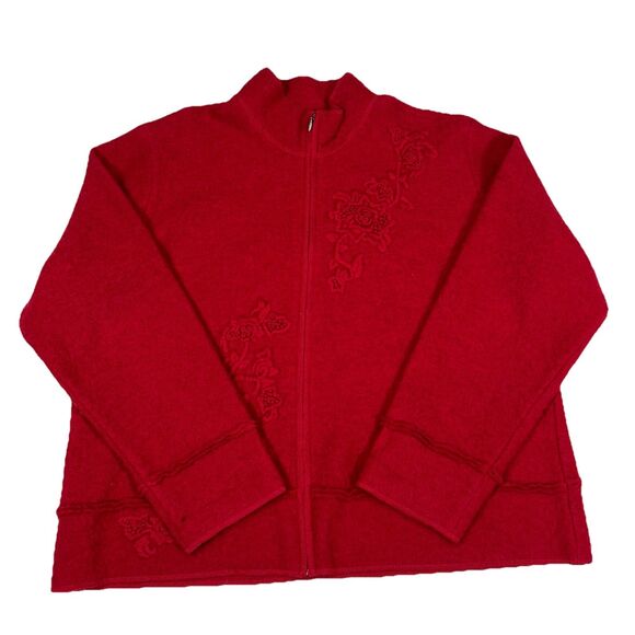 Coldwater Creek Sweaters - Coldwater Creek Zip Cardigan Women 2X Red Boiled Wool Floral Embroidered Button